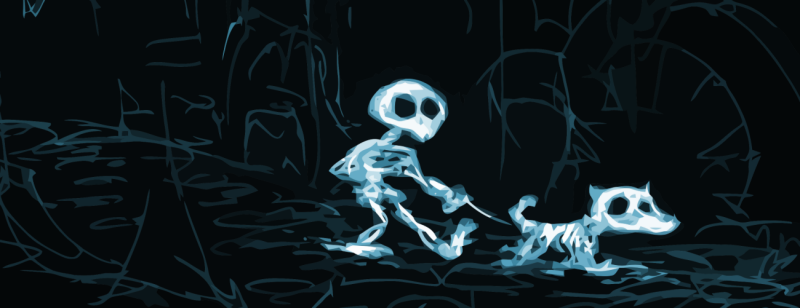 illustration of a skeleton walking his skeleton dog