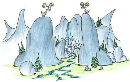 screen background: two bighorn sheep and a waterfall