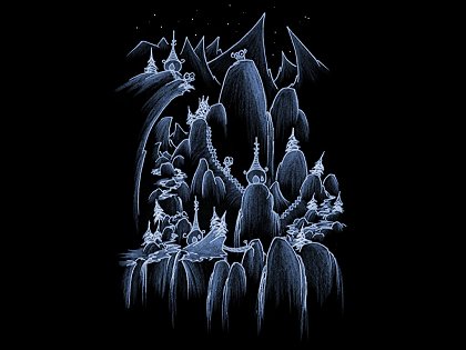 screen background: monkeys living under waterfalls at night