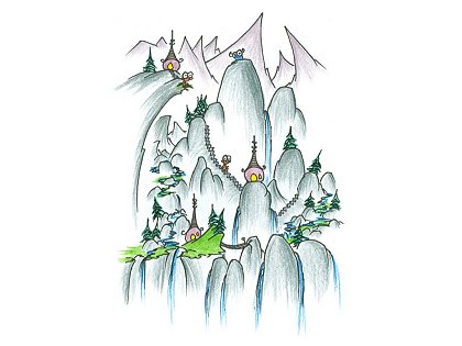 screen background: monkeys living under waterfalls