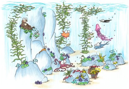 screen background: undersea kelp forest with sea otter, crabs, fish, jellyfish, sea slug, octopus, and other assorted creatures