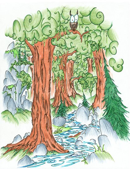 a cartoon owl alone in a forest over a creek screen background