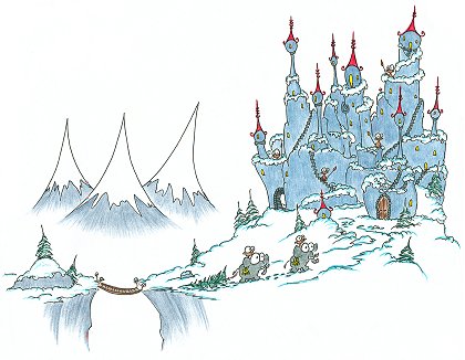 monkey riding an elephant up to a castle covered in snow and bringing a christmas tree screen background