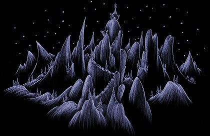 a screen wallpaper of a blue bison standing on some stairs in the mountains at night background for myspace or orkutt