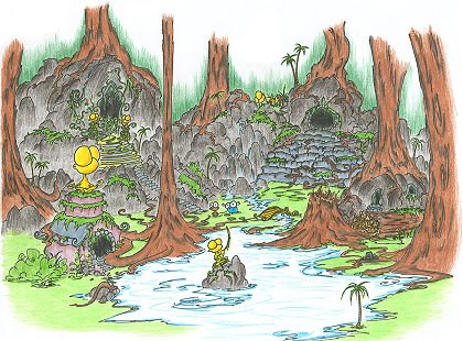 a screen background of a monkey and a blue bison discovering an ancient abandoned city overgrown in the rainforests of africa or maybe south america, and there are gold monkey statues too