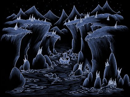 screen wallpaper of monkey pirates sailing into a fjord at night