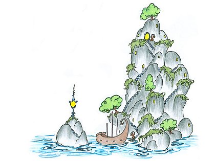 a myspace background of monkey pirates and their tower castle in the sea