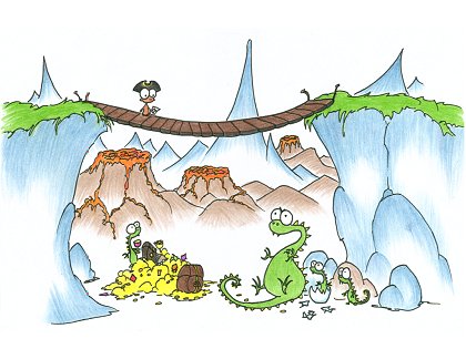 a monkey pirate crossing a bridge with dragons under it and volcanos in the background