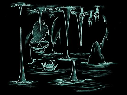 a screen background of a chameleon sailing into a cave with three bats hanging from the ceiling for your computer or myspace page