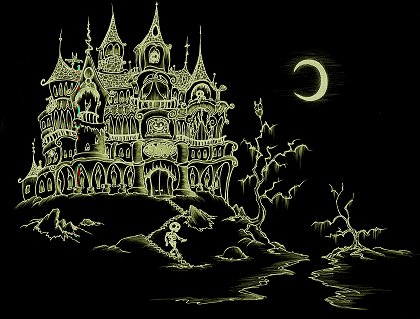 a halloween screen background for your computer screen or myspace page with skeletons, bats, an owl, and the moon