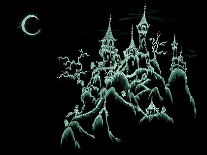 a screen background of a crumbling spooky castle with skeletons and ghosts and the moon at night