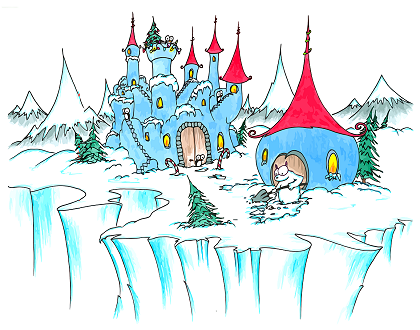 a
Christmas holiday screen wallpaper of a snowy
castle with a polar bear shoveling snow and
penguins watching and a christmas tree