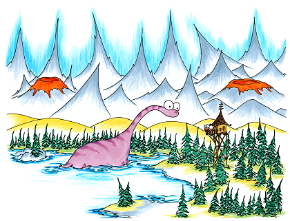 screen wallpaper with a dinosaur emerging from a lake in front of a monkey in a watchtower with volcanoes in the mountains behind them