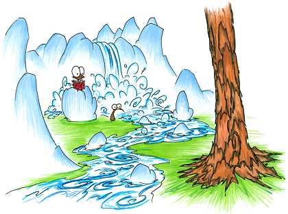 desktop wallpaper with a kiwi walking past a monkey reading a book in front of a waterfall