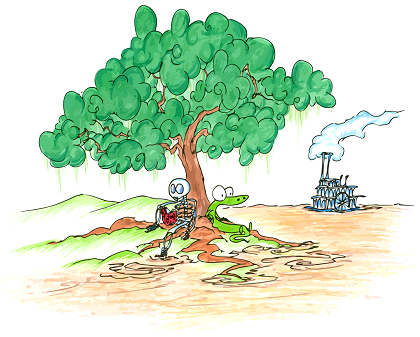 an illustration of a skeleton reading a book, an alligaotr sitting by a river, and a steamboat drawing