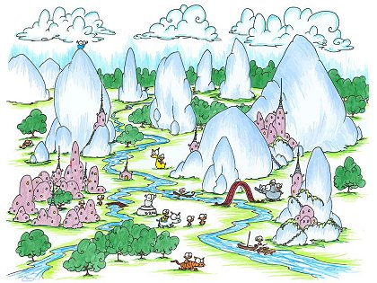 an illustration of a mountainous village of monkeys, llamas, tigers, polar bears, boats, bridges, and a blue bison