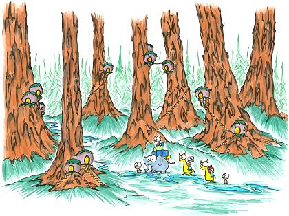 a vector image of a drawing of monkeys riding llamas and elephants through a giant redwood forest with some odd houses up on the trunks of the trees