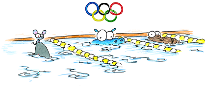 a drawing of 2008 olympics swimming with a hippo, sea otter, and a mouse riding on a shark fin for use as a screen background for your computer