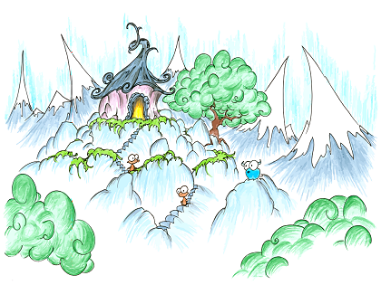 an illustration of monkeys and a monkey house high atop some mountains, and a blue bison