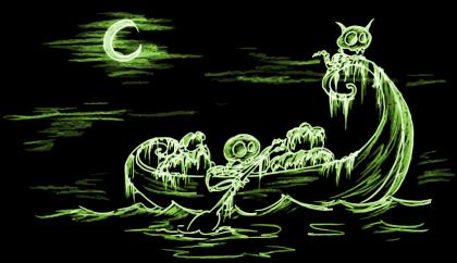 a skeleton and a skeleton cat in a canoe at night screen backgound for halloween
