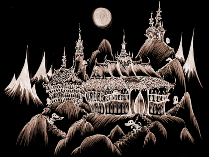 a drawing of spooky halloween castles high in the mountains with alligator skeletons and ghosts slinking around them on Halloween night