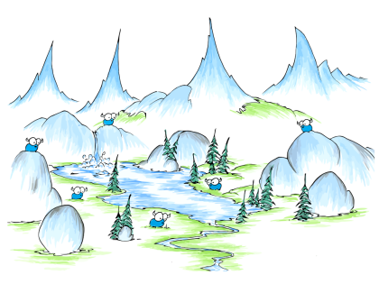 a drawing of some bison in the mountains around a lake grazing on grass