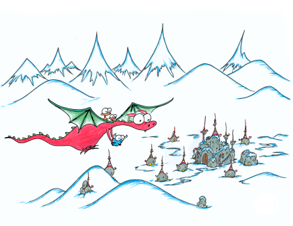 a christmas dragon flying some monkeys and a bison to the north pole to see santa