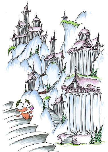 a cartoon drawing of a monkey in a greek landscape with pillars and stuff
