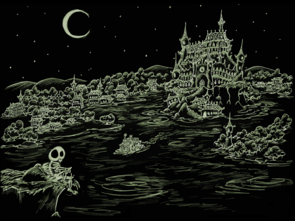 a screen background of a skeleton looking over a haunted town around a haunted bay with a steamboat
