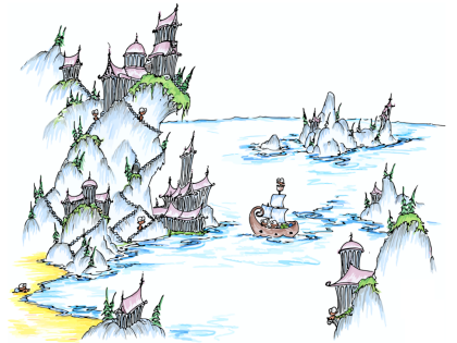 a screen background of a ship full of monkeys sailing into a bay with greek sort of buildings all around