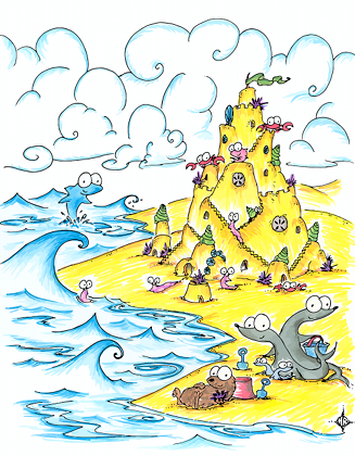 a cartoon drawing of an otter, seals, a fish, crabs, sea slugs, and a dolphin building a sand castle on a beach by the ocean