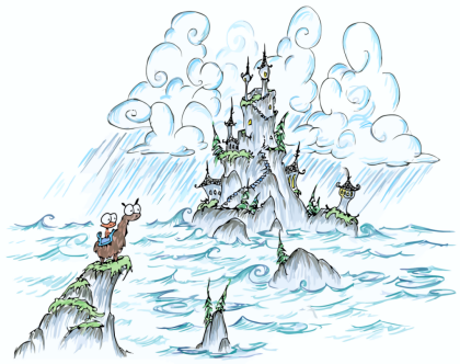 a screen background of a castle on a rocky island with waves 