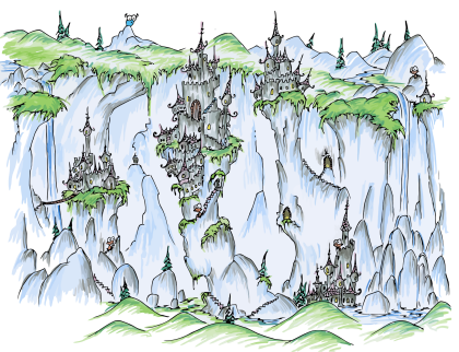 a screen background of monkeys and their castles hanging precariously from cliffs and waterfalls and a blue bison