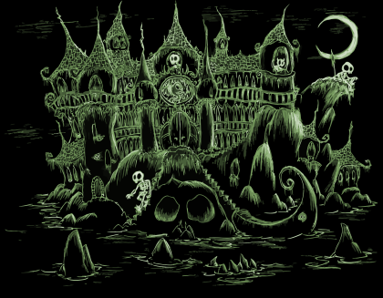 a screen background of a scary haunted castle on a halloween island for an album cover