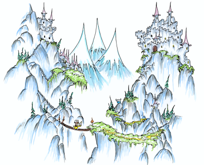 a screen background of a monkey riding a llama over a bridge in some giant mountains and a bluebison looking on