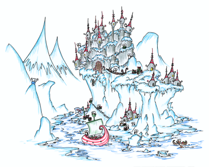 a screen background of an island in the ice with a penguin castle and penguins with christmas presents and a bluebison looking on
