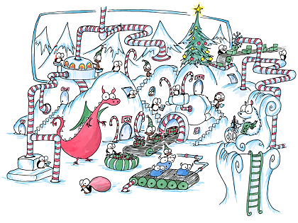 a screen background of a factory where monkey elves and penguins make presents for christmas with the help of christmas dragons, polar bears, and bluebison