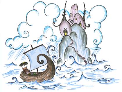 a screen background of a monkey pirate sailing to an island