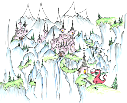 a screen background of a red dragon on a cliff near some castles and waterfalls