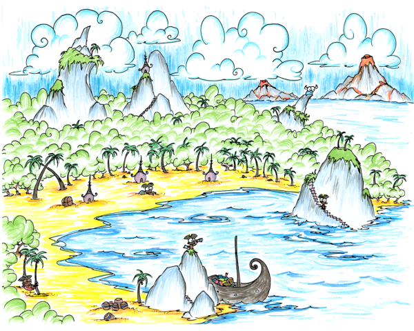 a screen wallpaper of a cove in the sea where monkey pirates are hiding out and volcanic islands are erupting nearby