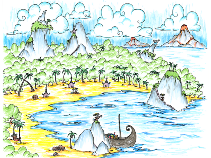 a screen wallpaper of a cove in the sea where monkey pirates are hiding out and volcanic islands are erupting nearby