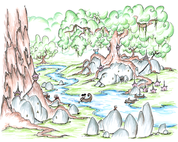 a screen wallpaper of a forest with a strange monkey village and a pirate monkey rowing through it and a bluebison in the background