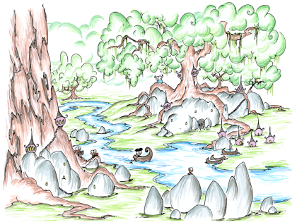 a screen wallpaper of a forest with a strange monkey village and a pirate monkey rowing through it and a bluebison in the background