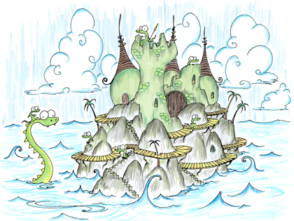 a screen background of a castle full of alligators on an island in the ocean, with an alligator riding a sea monster