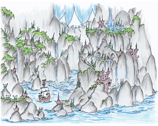 wallpaper of a fjord full of waterfalls, with monkeys sailing in a pirate ship and penguins in castles and bluebison