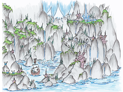 wallpaper of a fjord full of waterfalls, with monkeys sailing in a pirate ship and penguins in castles and bluebison