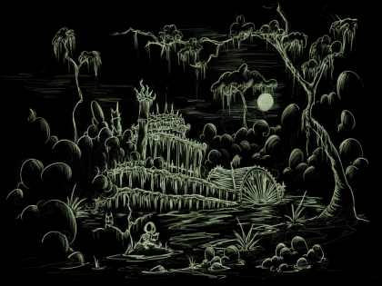 screen background of a skeleton sitting and reading a book in front of a decaying steamboat in a swamp at night
