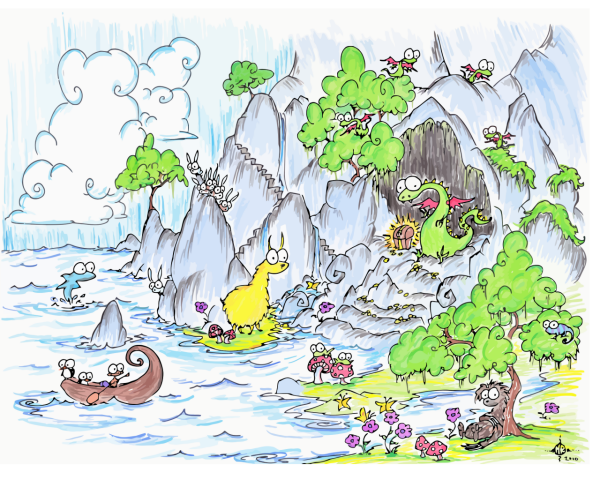 screen background of a dragon with treasure, a sloth, llama, bunnies, monkey, penguins in a boat, dolphin, clouds, waterfalls, and some other stuff too