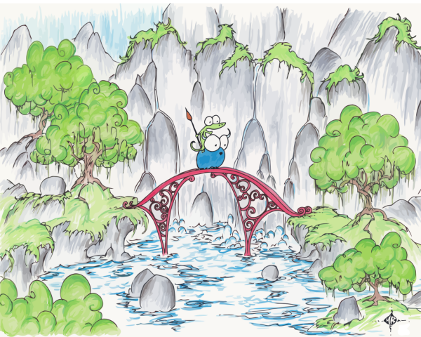 screen background of an alligator riding a blue bison crossing a red bridge over waterfalls