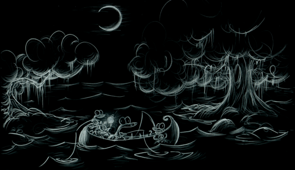 screen background of alligators fishing in an inlet at night under the moon